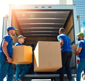 Professional team from Manhattan moving company loading furniture into a truck.