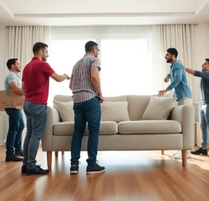 Movers in Toronto area expertly lifting furniture in a bright living room.